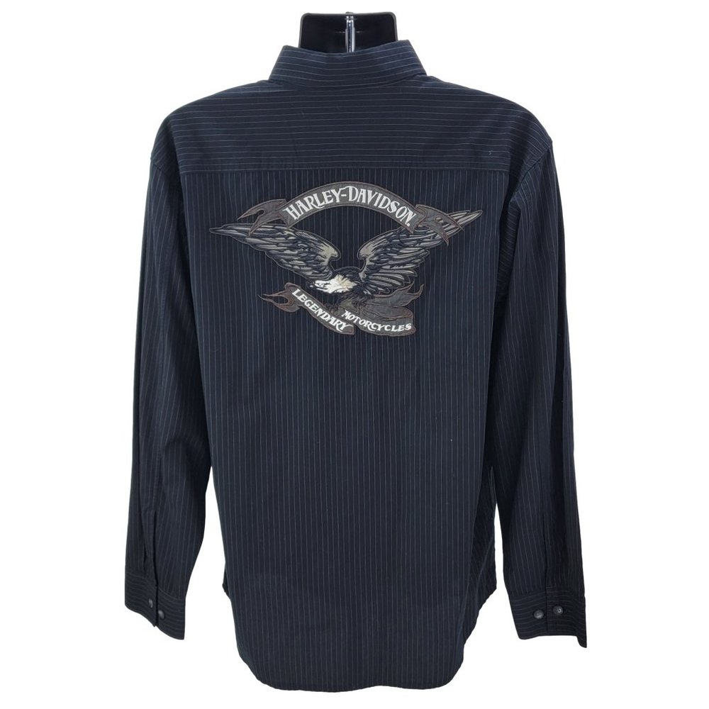 Harley-Davidson Shirt Men's Medium Button Front Long Sleeve Black Striped‎ Eagle
